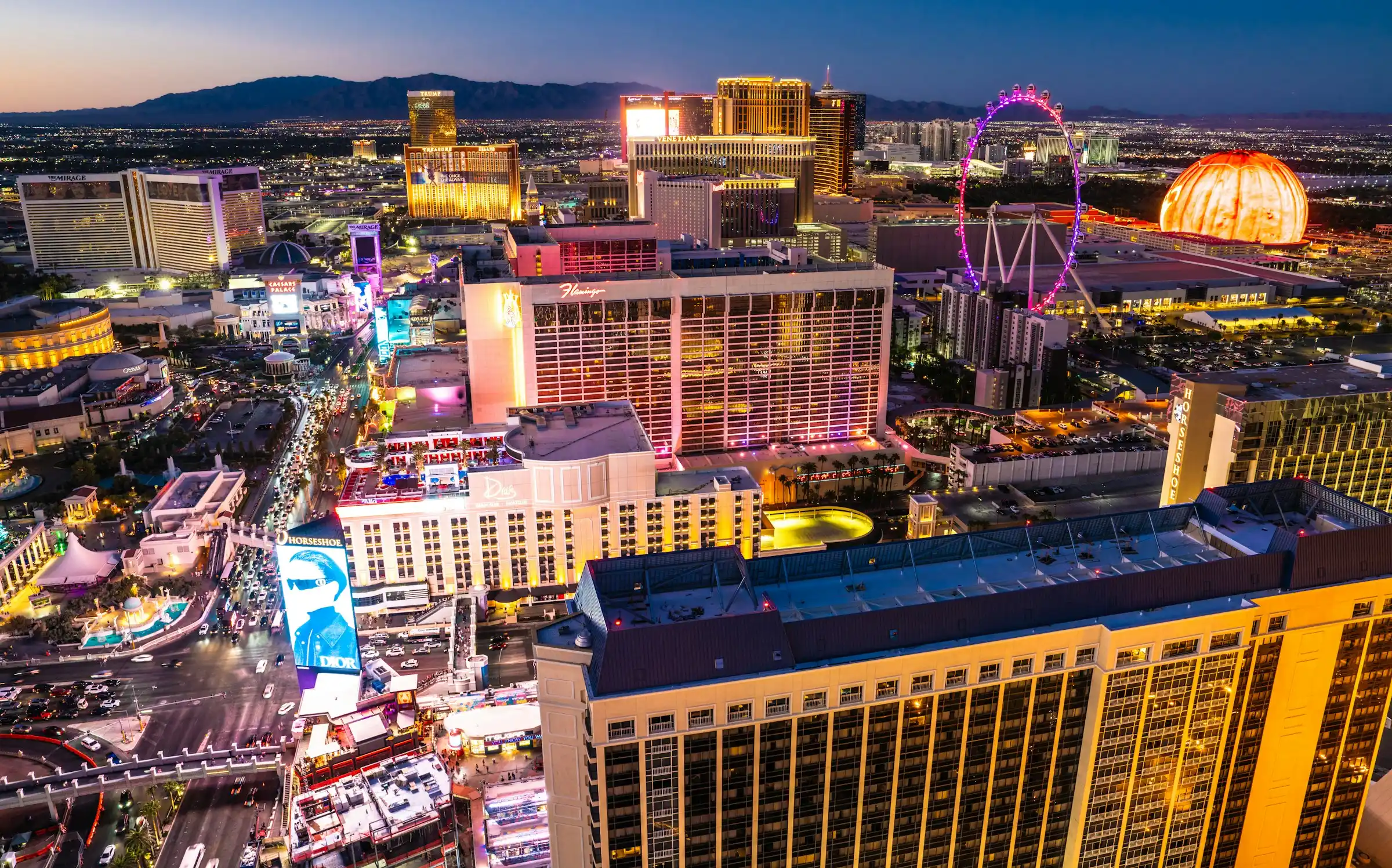 Las Vegas Strip nightshot aerial view near Fifty 101 Apartments